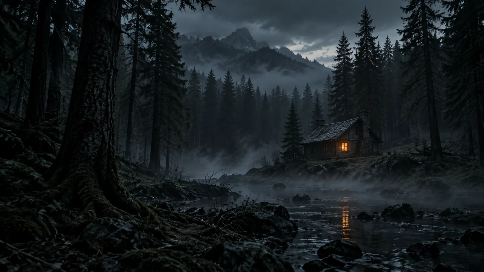 An isolated timber cabin with one amber window among misty pine trees at night