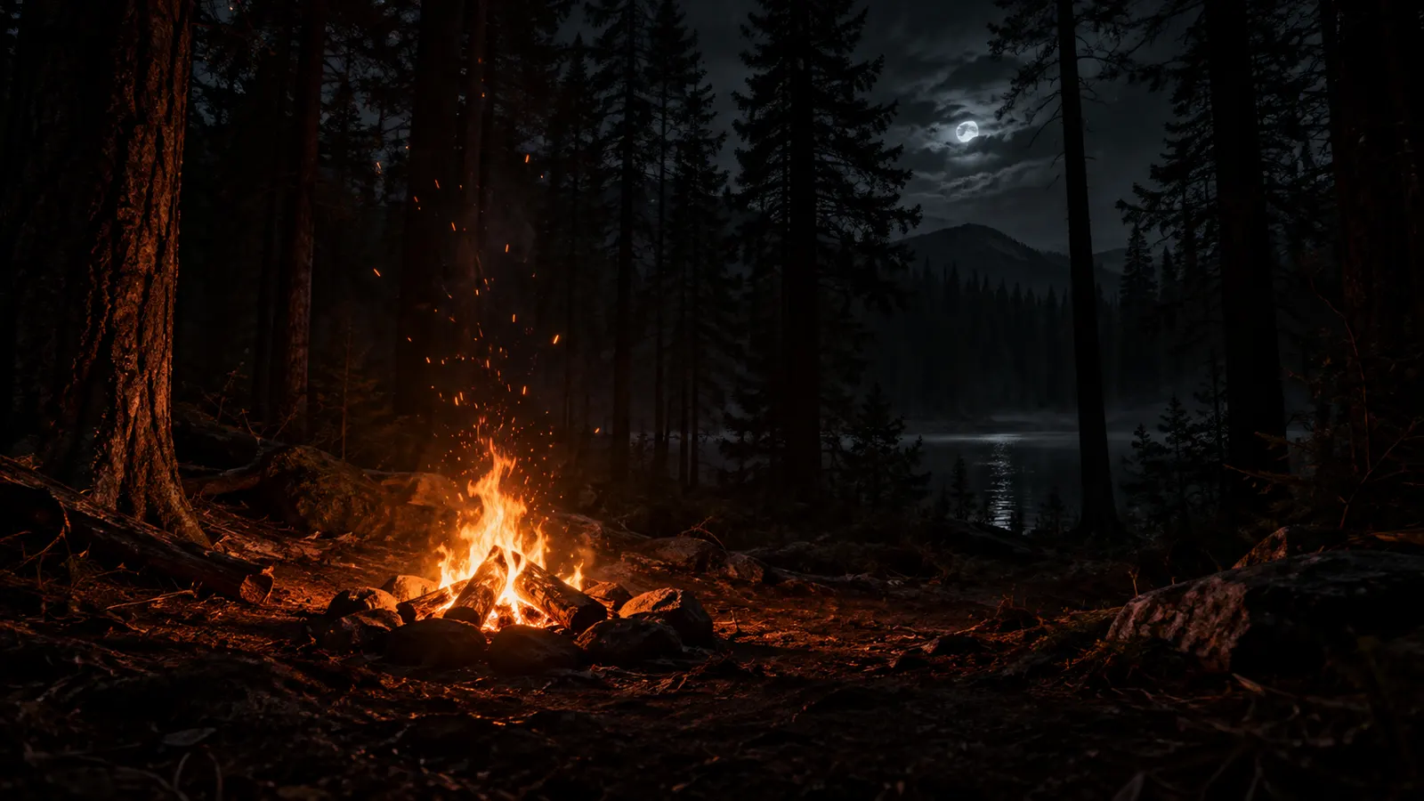 A campfire glowing beside dark trees at night