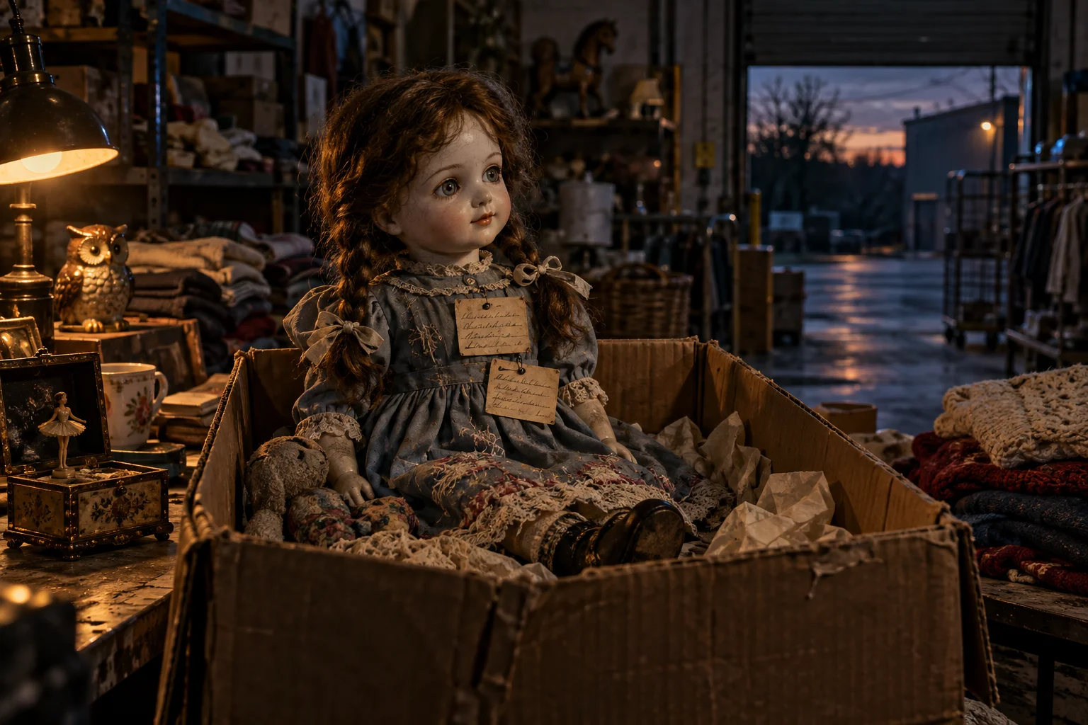 A porcelain doll in a faded blue dress sitting alone in a cardboard donation box with handwritten notes pinned to her dress in a dim thrift-store back room