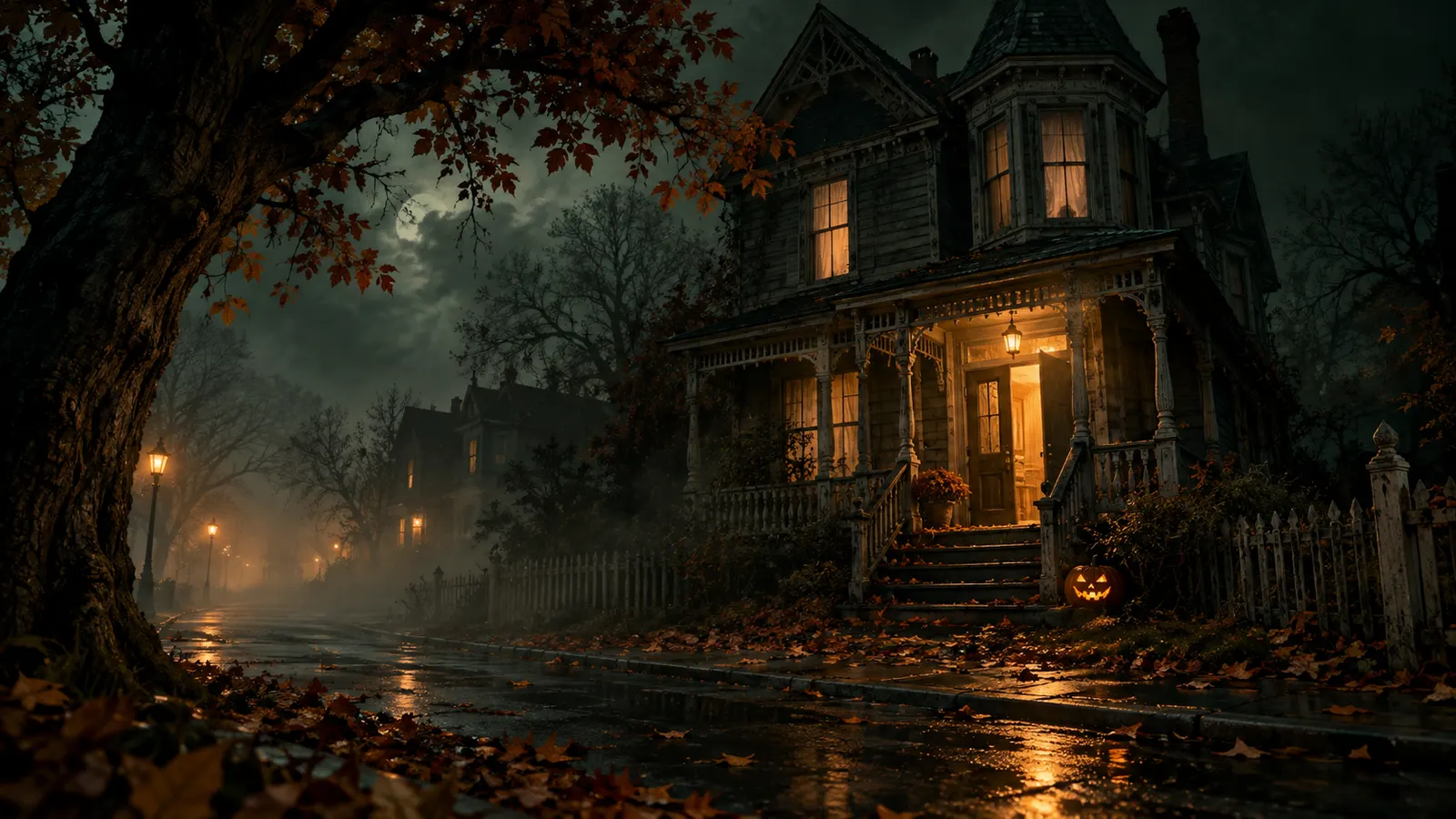 A fogbound Victorian house at the end of Maple Street on Halloween, lit by a jack-o-lantern and an open amber doorway