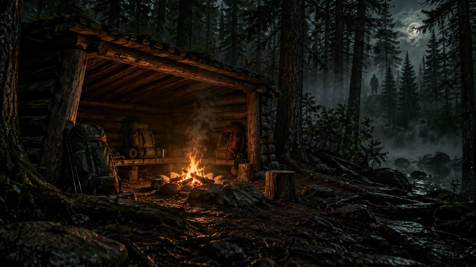 An Appalachian timber lean-to beside a small campfire, with a distant fourth silhouette at the dark tree line