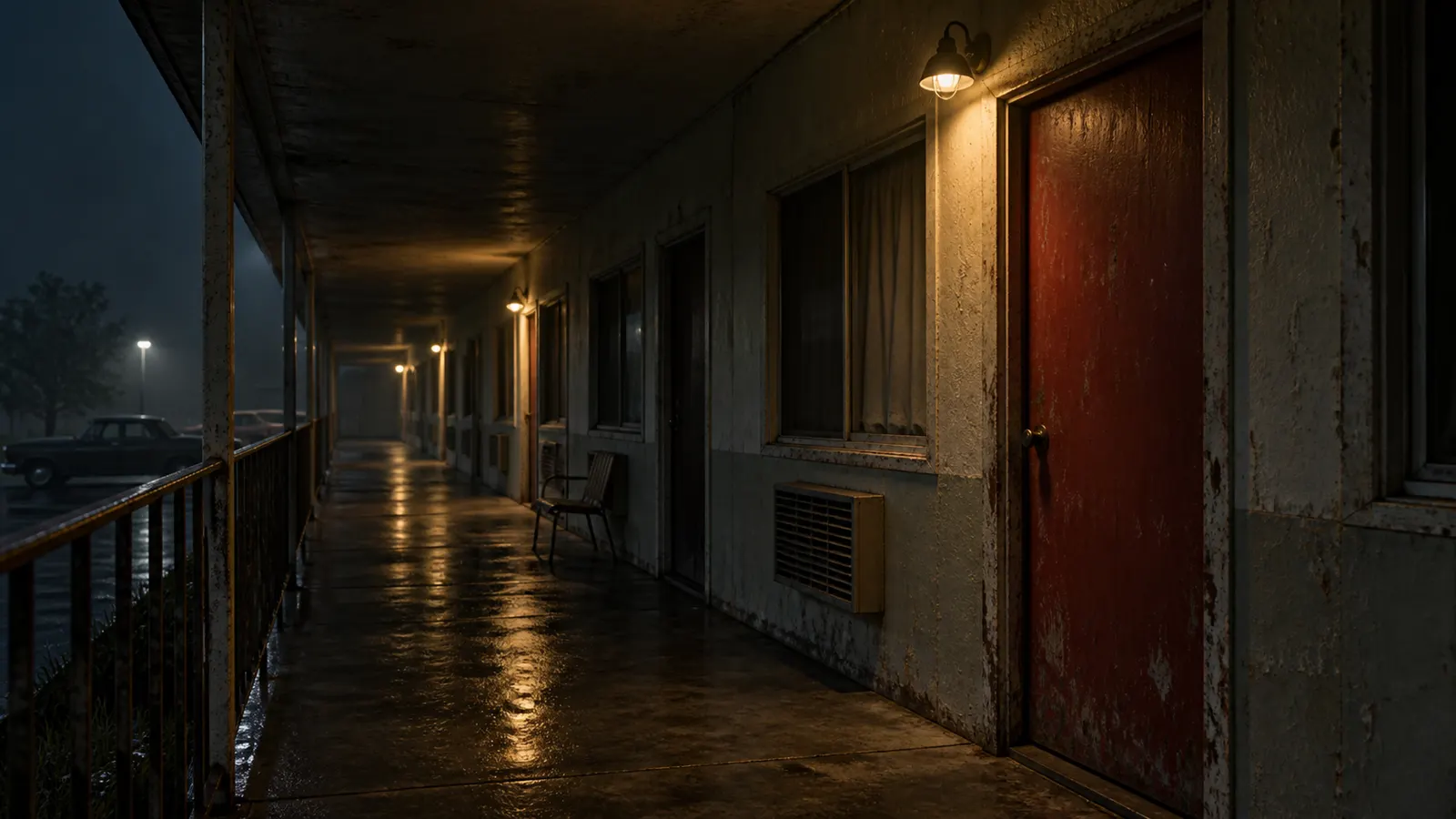 A dim abandoned motel corridor with a red door under a warm tungsten light
